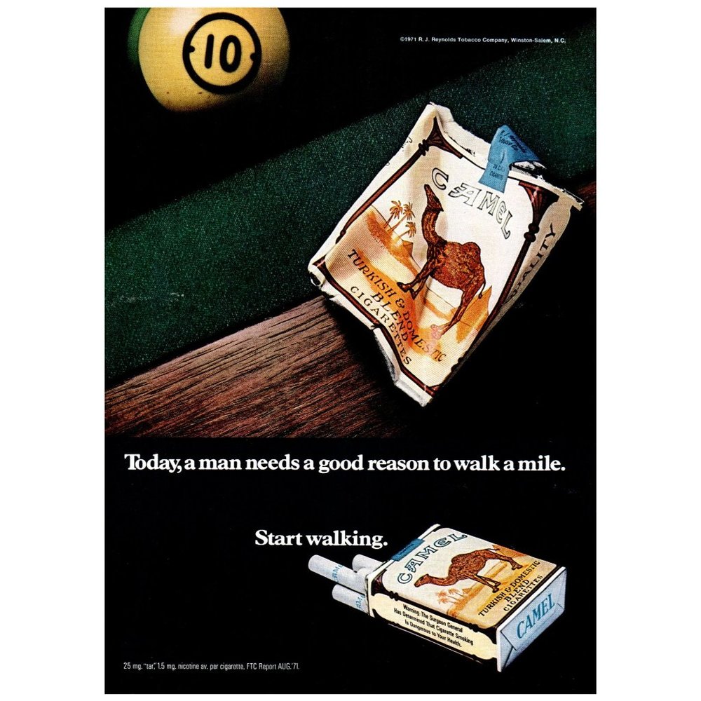 1972 Camel A Man Needs A Good Reason To Walk A Mile Vintage Print Ad Pool Ball